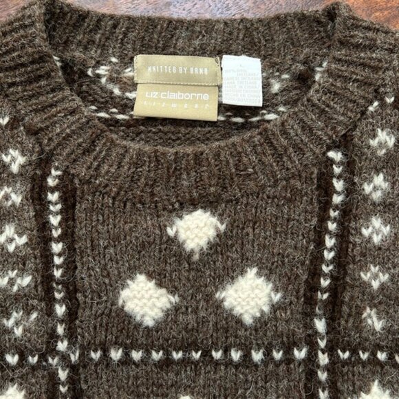LIZ CLAIBORNE 90s Hand-Knitted Shetland Wool Nordic Sweater Brown Cream L - Picture 4 of 9